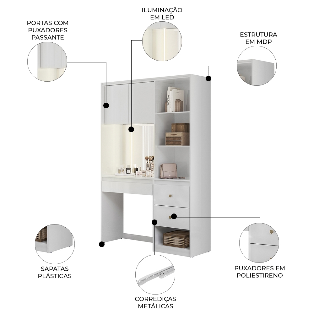 Penteadeira Camarim 136cm com Espelho e LED Lumier Branco Z17 - Mpozenato