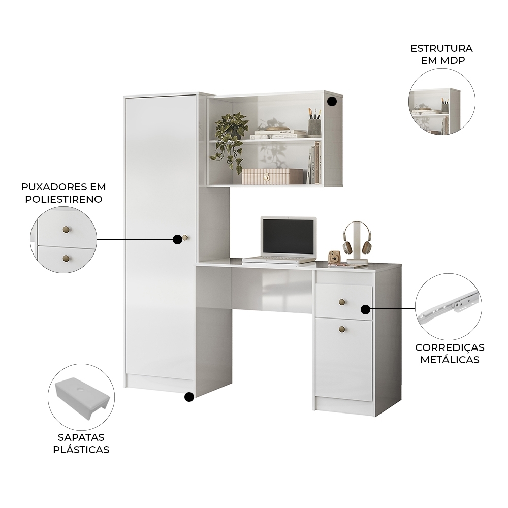 Mesa Escrivaninha 162cm Bancada de Estudo Colmar Branco Z17 - Mpozenato