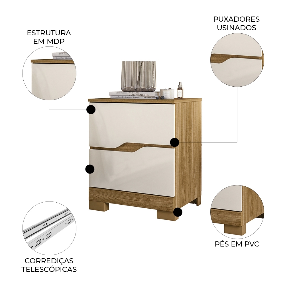 Mesa Cabeceira Para Quarto 51cm 2 Gavetas Athenas Freijó/Off Z17 - Mpozenato