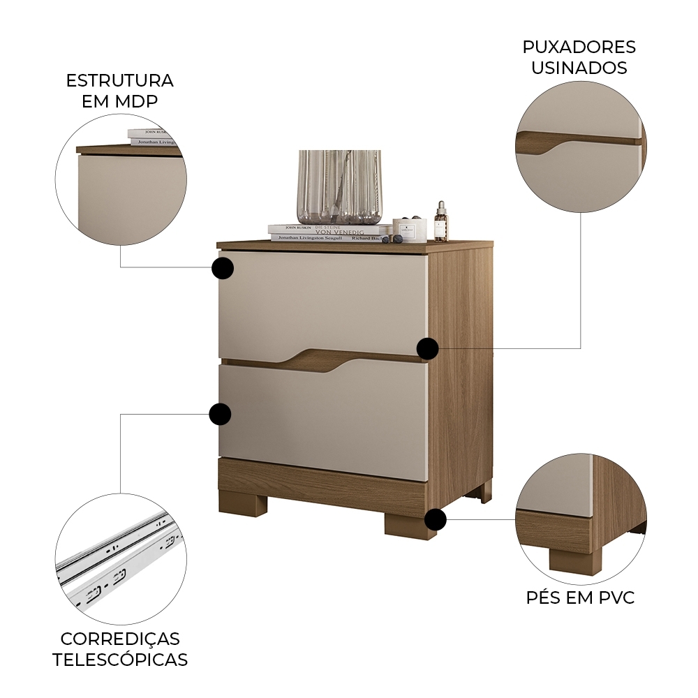Mesa Cabeceira Para Quarto 51cm 2 Gavetas Athenas Cv/Fendi Z17 - Mpozenato