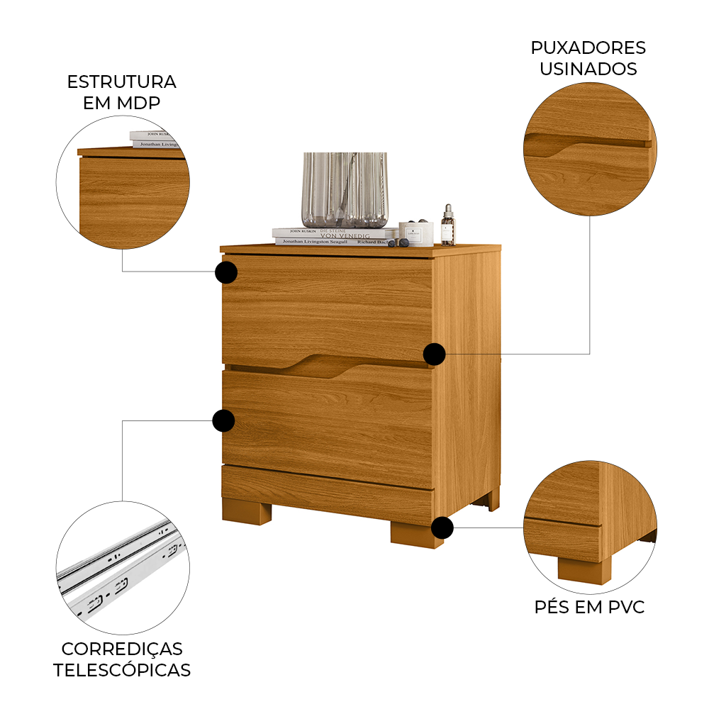 Mesa Cabeceira Para Quarto 51cm 2 Gavetas Athenas Cinamomo Z17 - Mpozenato