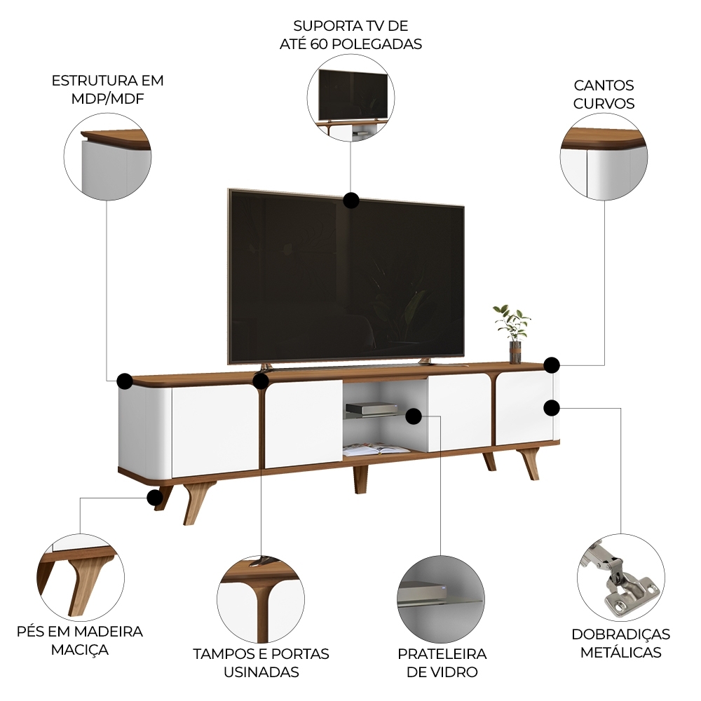 Rack Bancada TV 60 Pol 217cm Orgânico Valen Cedro/Branco C14 - Mpozenato