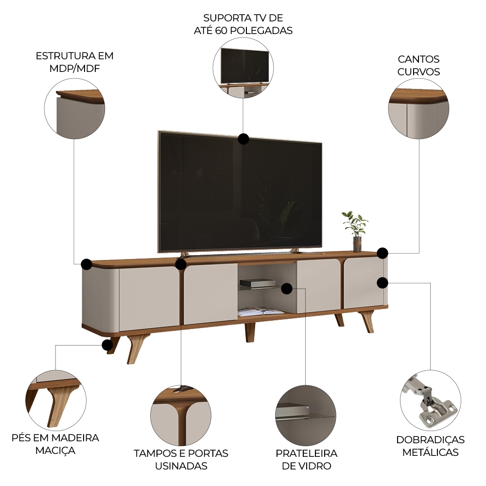 Rack Bancada TV 60 Pol 217cm Orgânico Valen Cedro/Off C14 - Mpozenato