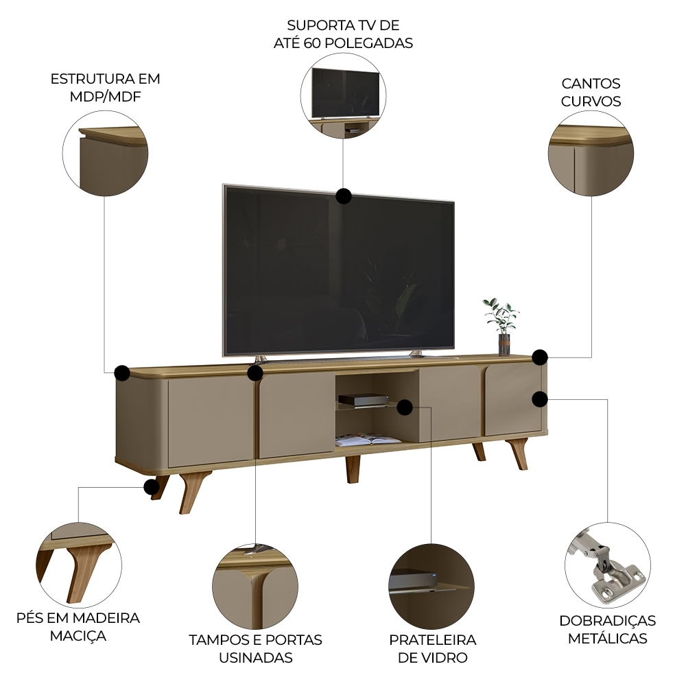 Rack Bancada TV 60 Pol 217cm Orgânico Valen Hannover/Fendi C14 - Mpozenato