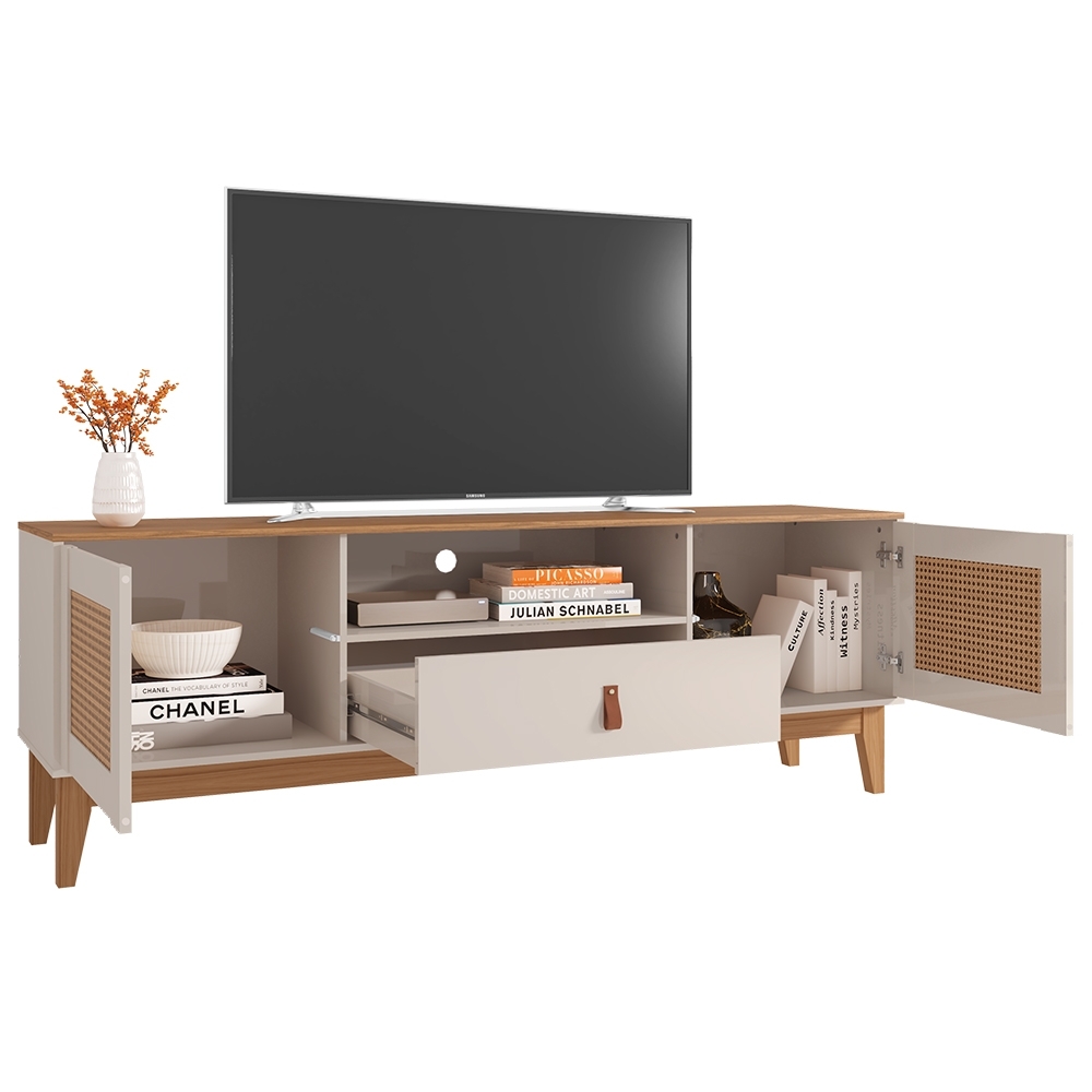 Rack Bancada TV 60 Pol 160cm Pé Madeira Dalva Off/Cedro C14 - Mpozenato