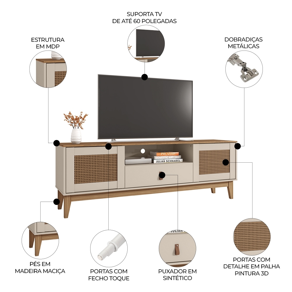 Rack Bancada TV 60 Pol 160cm Pé Madeira Dalva Off/Cedro C14 - Mpozenato