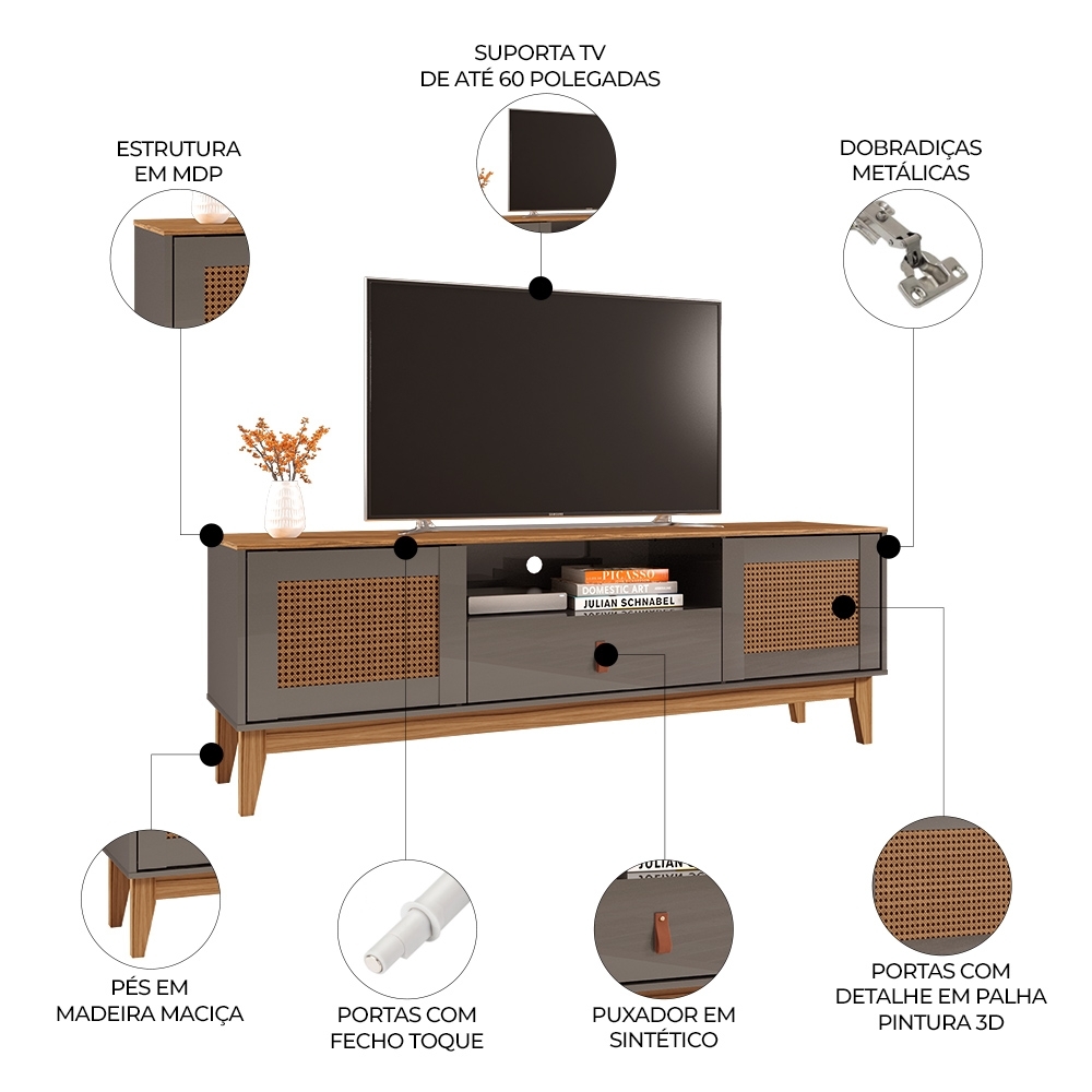 Rack Bancada TV 60 Pol 160cm Pé Madeira Dalva Cinza/Cedro C14 - Mpozenato