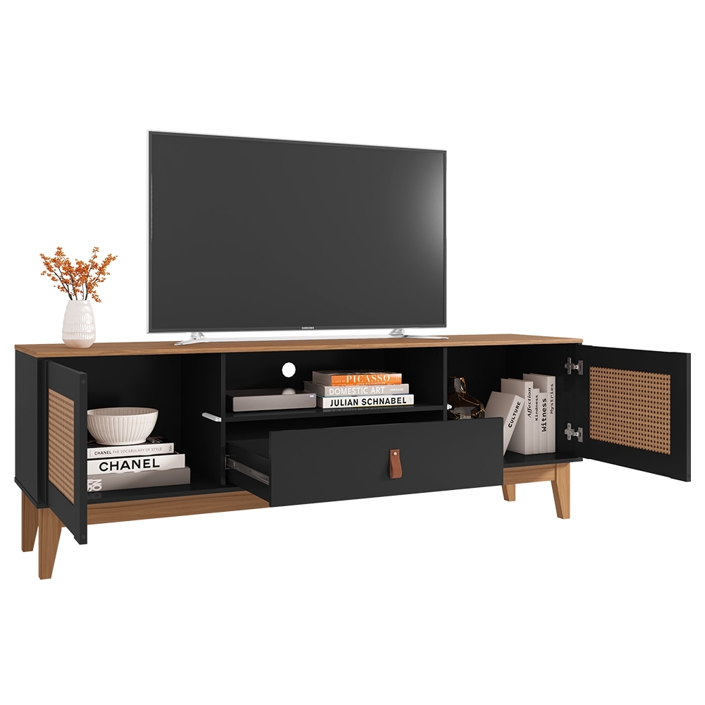 Rack Bancada TV 60 Pol 160cm Pé Madeira Dalva Preto/Cedro C14 - Mpozenato