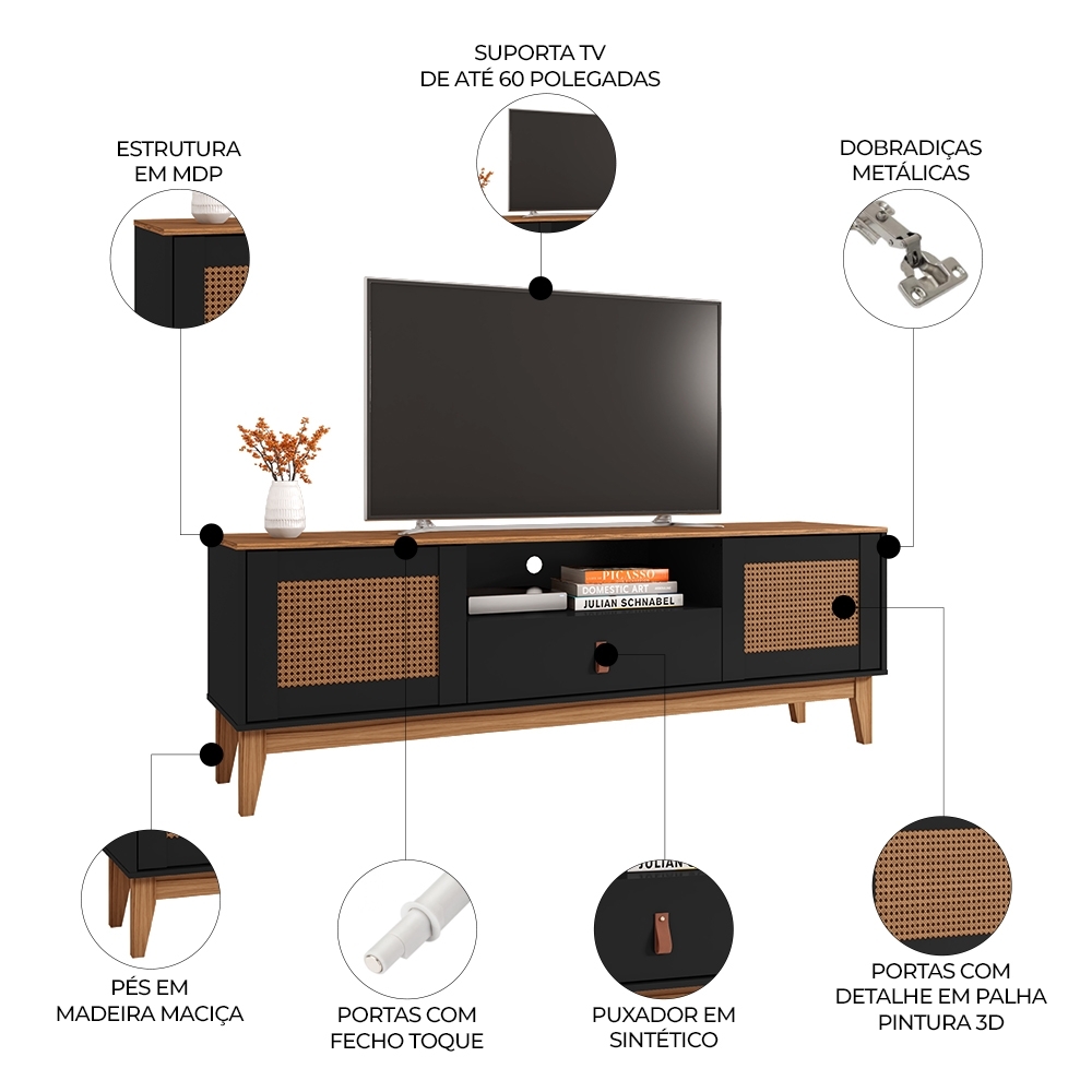 Rack Bancada TV 60 Pol 160cm Pé Madeira Dalva Preto/Cedro C14 - Mpozenato