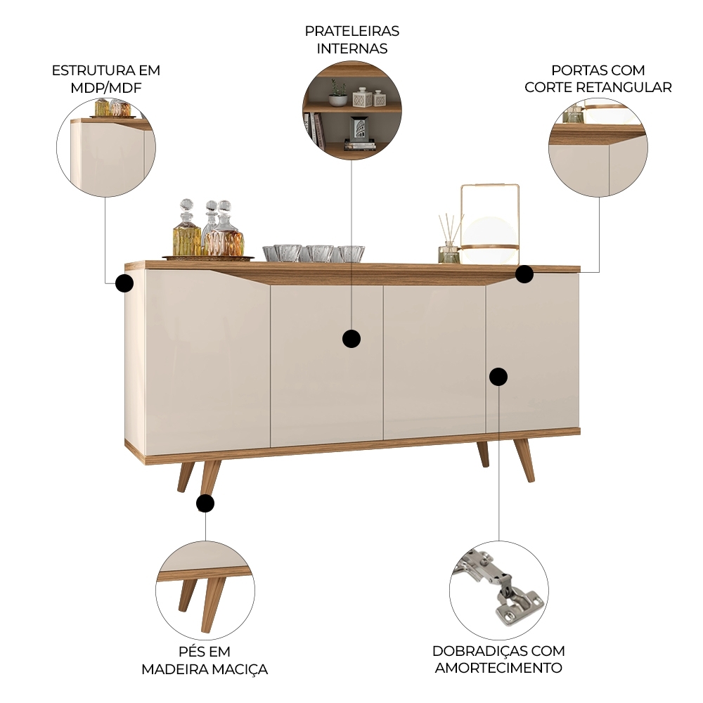 Buffet Aparador 160cm 4 Portas Pé Madeira Lady Off/Cedro C14 - Mpozenato
