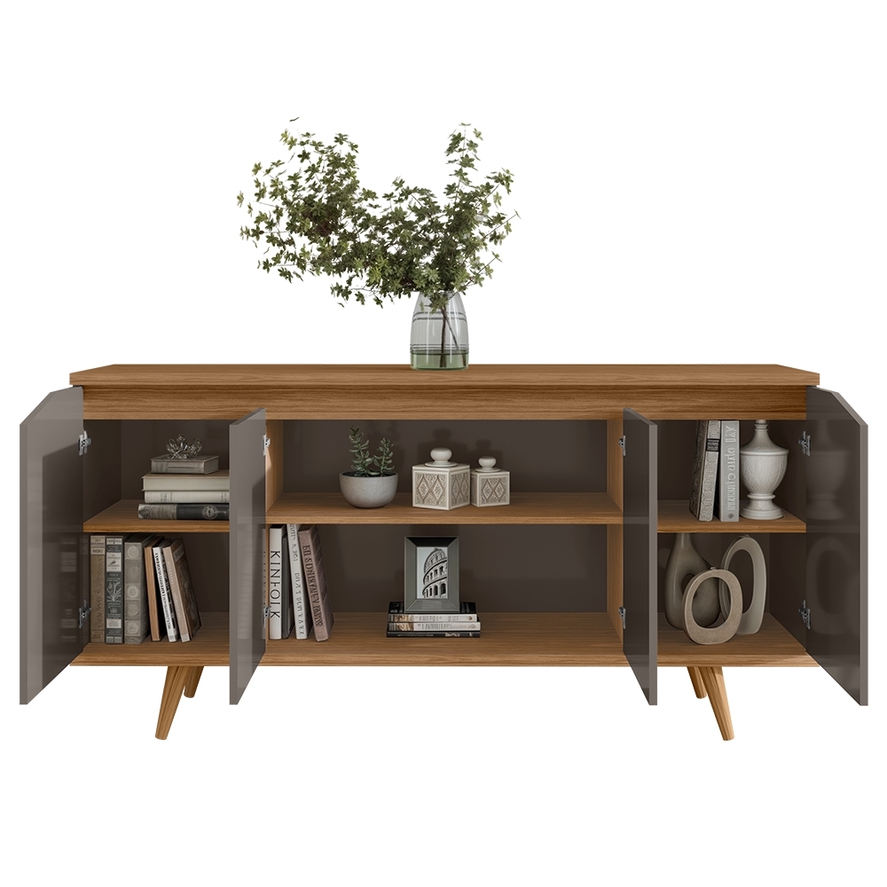 Buffet Aparador 160cm 4 Portas Pé Madeira Lady Cinza/Cedro C14 - Mpozenato