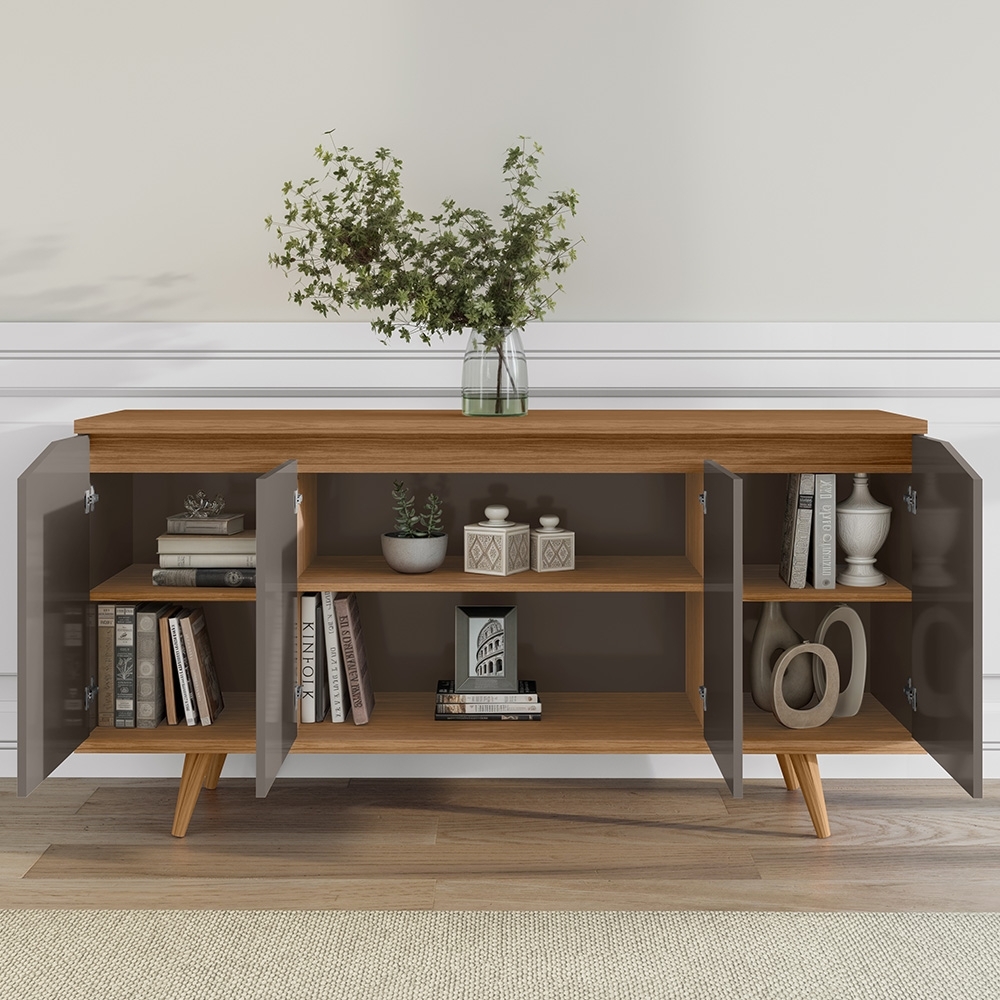 Buffet Aparador 160cm 4 Portas Pé Madeira Lady Cinza/Cedro C14 - Mpozenato