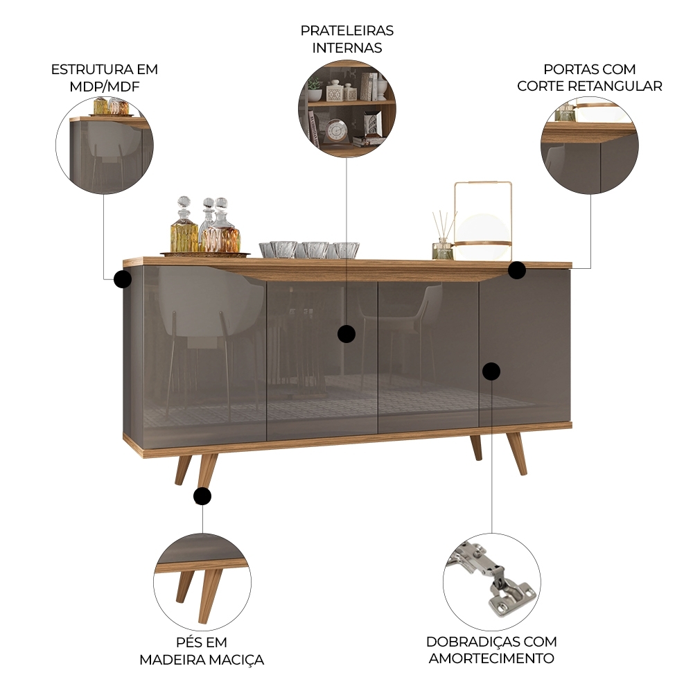 Buffet Aparador 160cm 4 Portas Pé Madeira Lady Cinza/Cedro C14 - Mpozenato