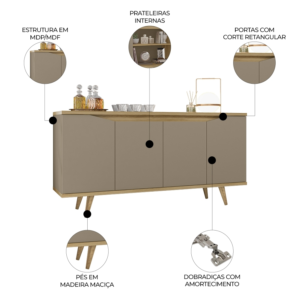 Buffet Aparador 160cm 4 Portas Pé Madeira Lady Fendi/Hannover C14 - Mpozenato