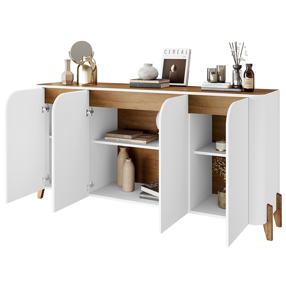 Buffet Aparador 165cm 4 Portas Pé Madeira Aspen Branco/Cedro C14 - Mpozenato