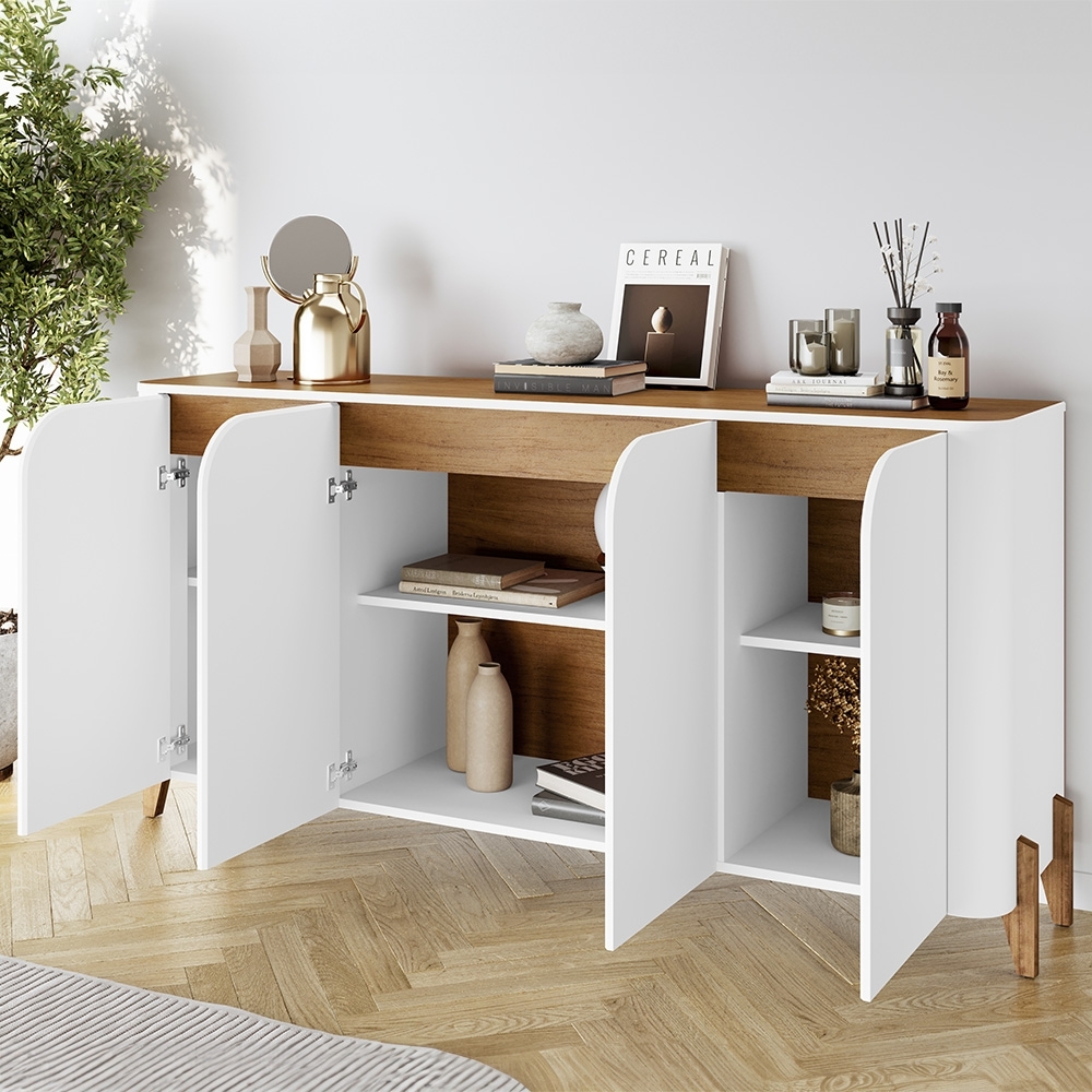 Buffet Aparador 165cm 4 Portas Pé Madeira Aspen Branco/Cedro C14 - Mpozenato