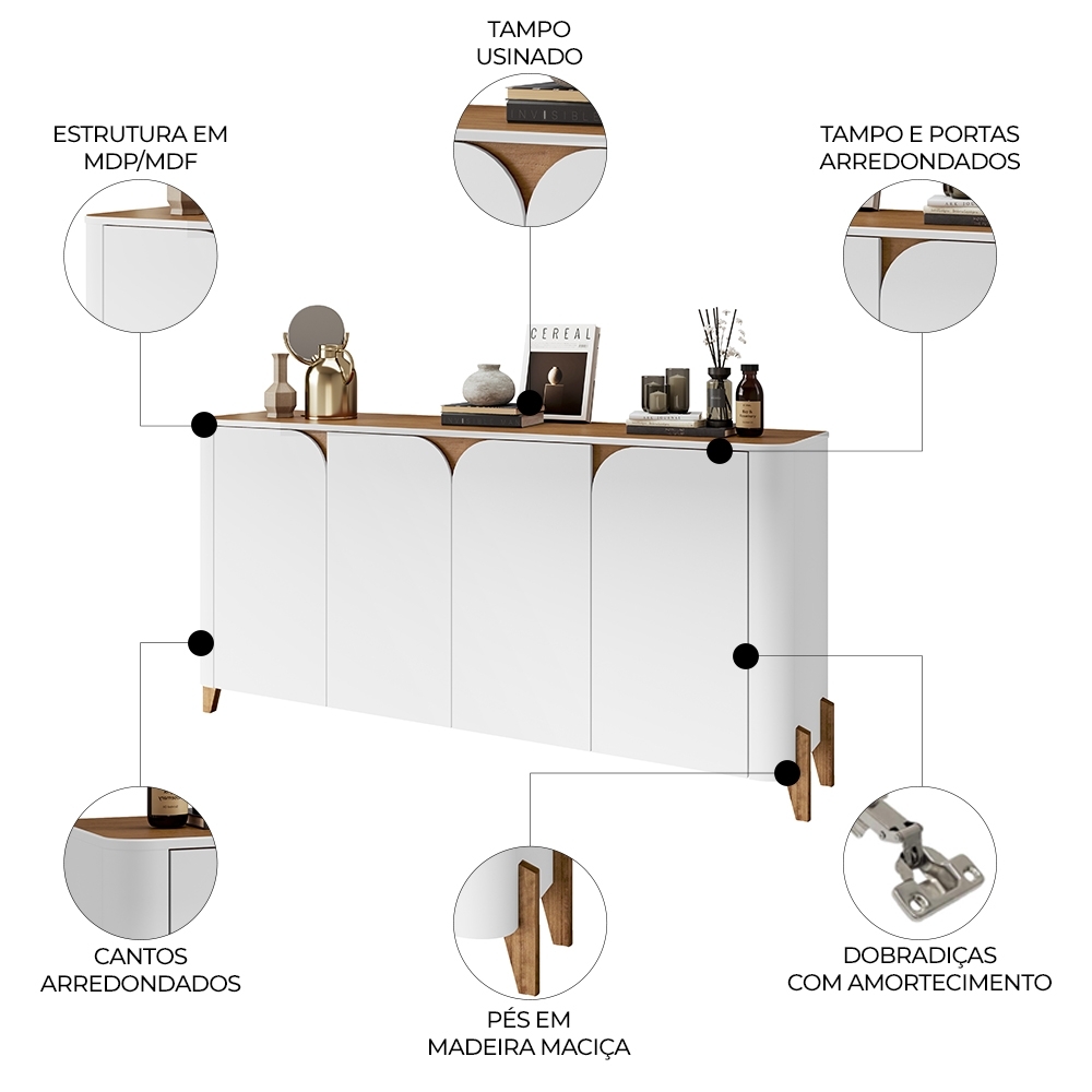 Buffet Aparador 165cm 4 Portas Pé Madeira Aspen Branco/Cedro C14 - Mpozenato