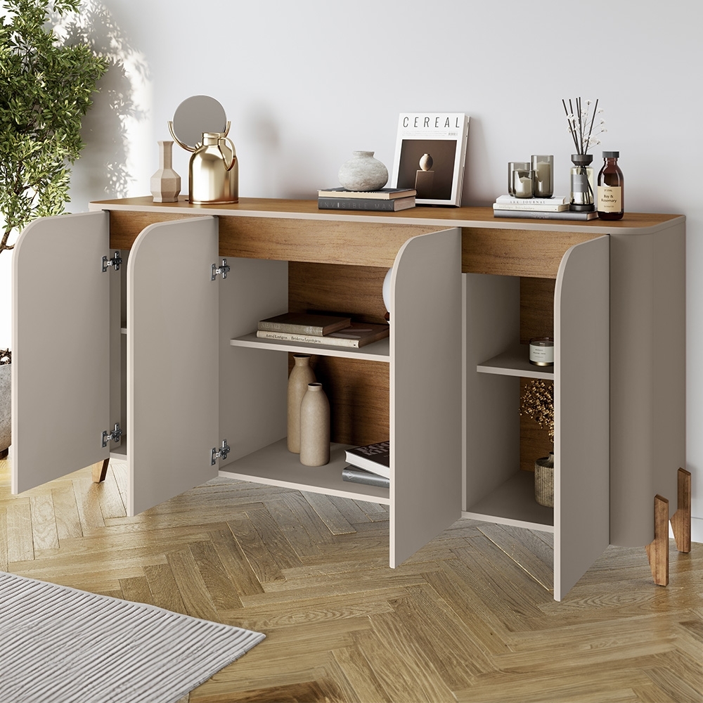 Buffet Aparador 165cm 4 Portas Pé Madeira Aspen Off/Cedro C14 - Mpozenato