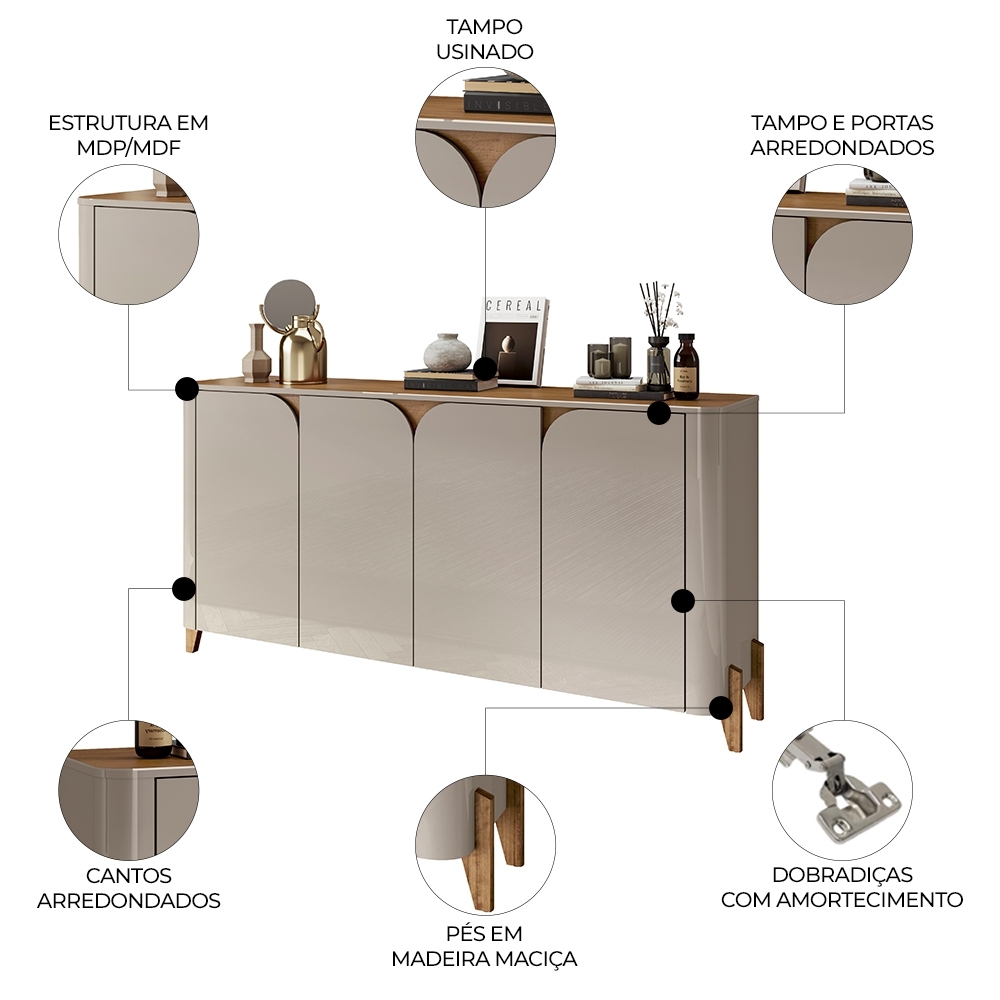 Buffet Aparador 165cm 4 Portas Pé Madeira Aspen Off/Cedro C14 - Mpozenato