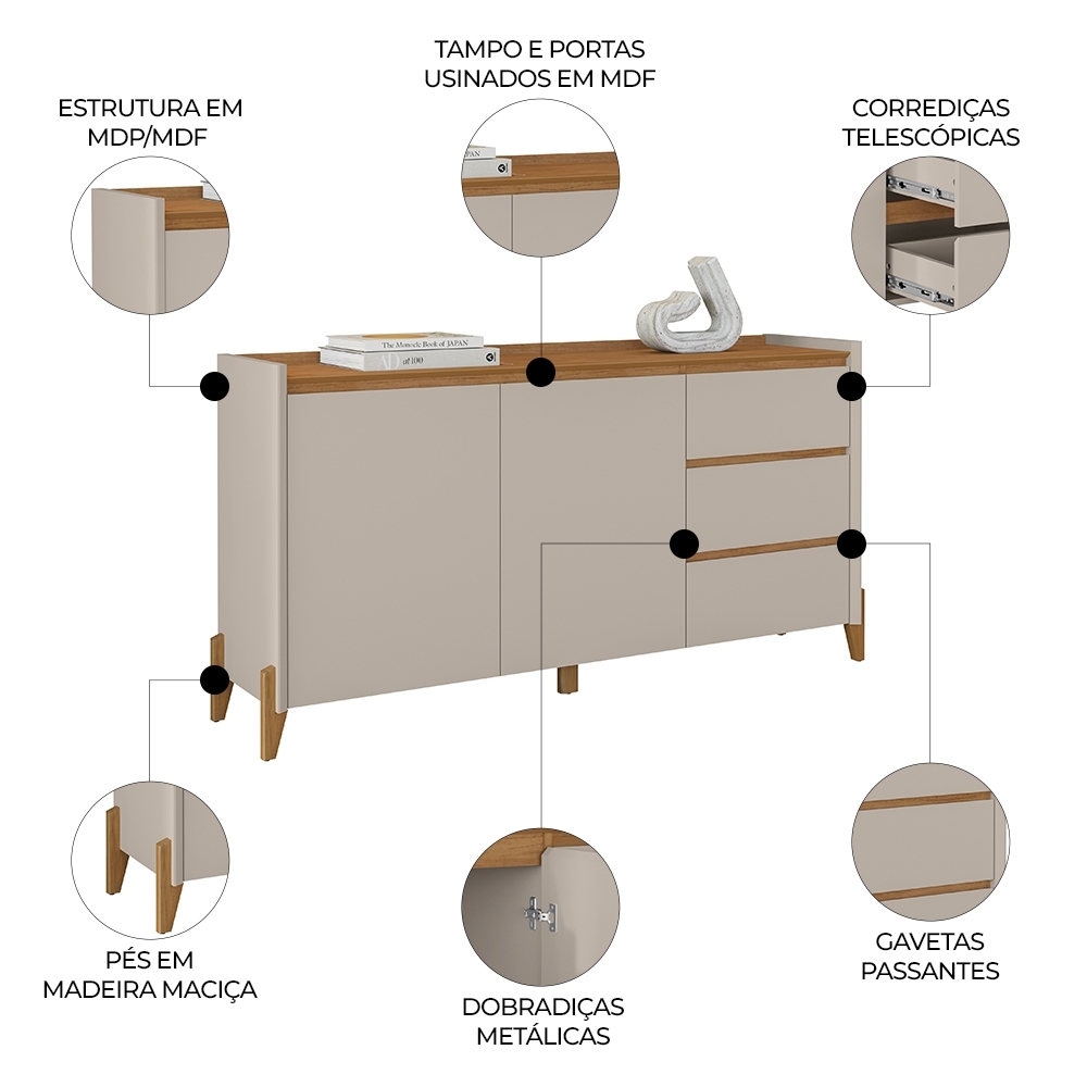 Buffet Aparador 166cm 2 Portas 3 Gavetas Donni Cedro/Off C14 - Mpozenato