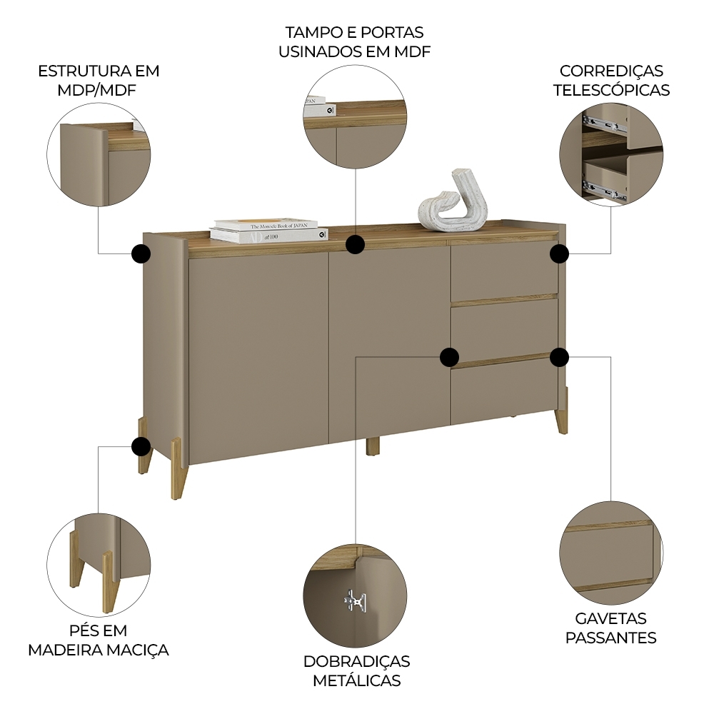 Buffet Aparador 166cm 2 Portas 3 Gavetas Donni Hannover/Fendi C14 - Mpozenato