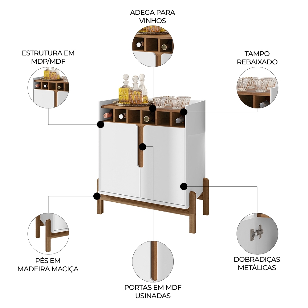 Balcão Aparador Bar 75cm Com Adega Apollo Branco/Cedro C14 - Mpozenato