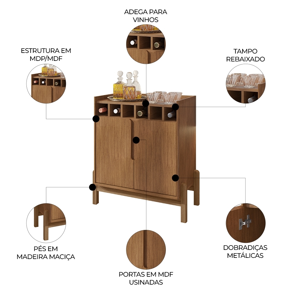 Balcão Aparador Bar 75cm Com Adega Apollo Cedro C14 - Mpozenato