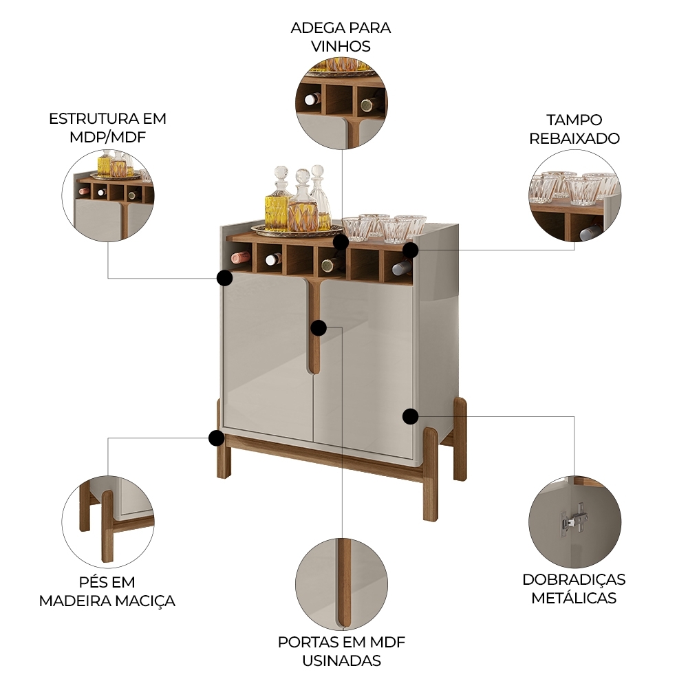 Balcão Aparador Bar 75cm Com Adega Apollo Off/Cedro C14 - Mpozenato