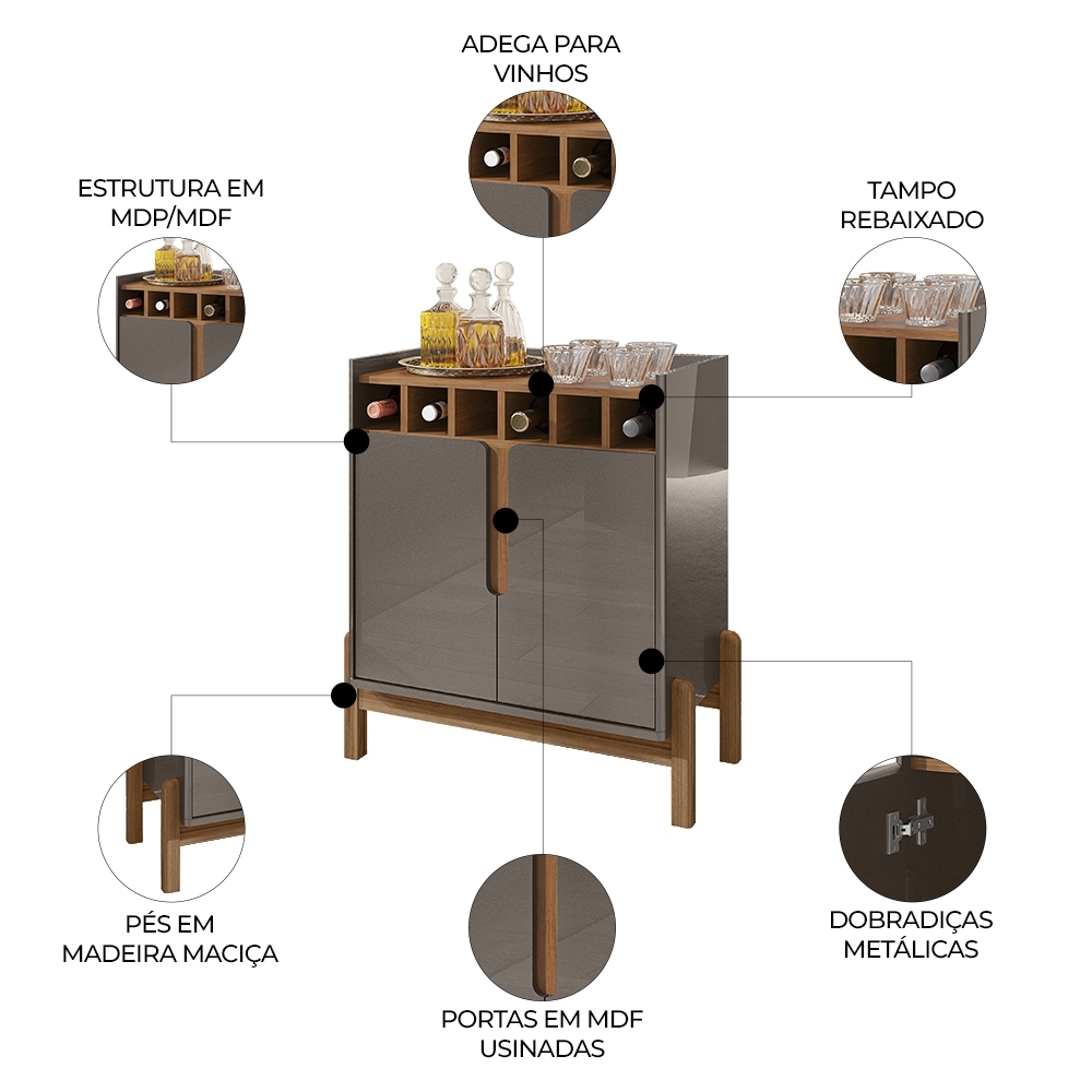 Balcão Aparador Bar 75cm Com Adega Apollo Cinza/Cedro C14 - Mpozenato