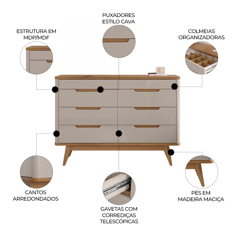 Cômoda Quarto 135cm Orgânica 8 Gavetas Luke Off/Cedro C14 - Mpozenato