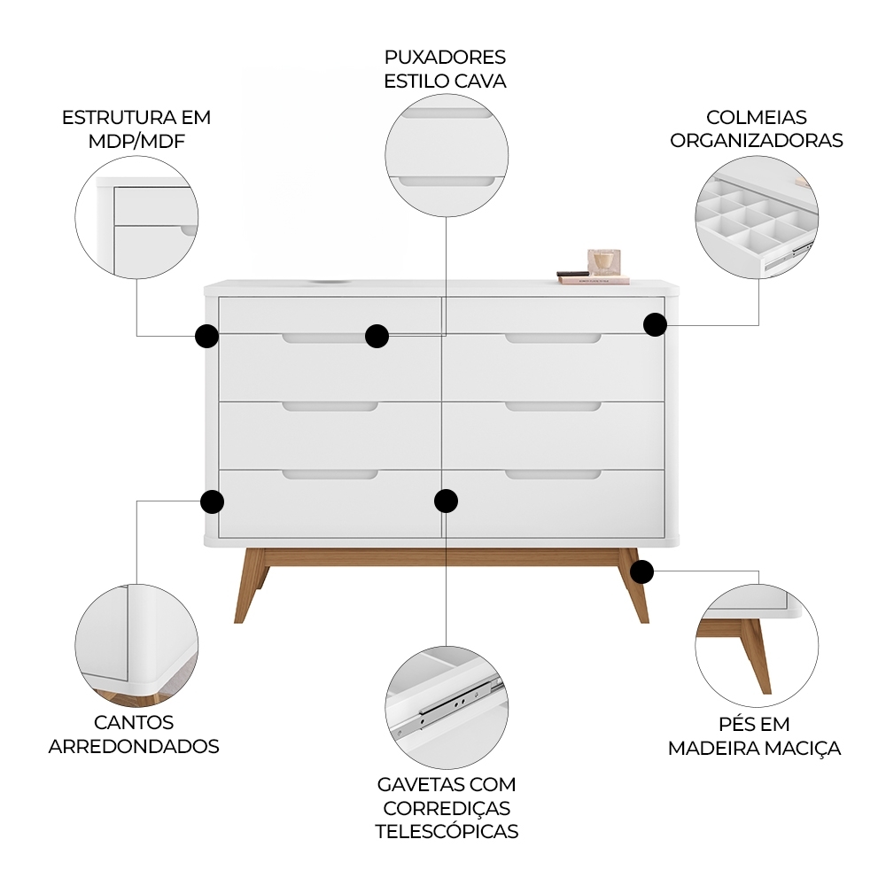 Cômoda Quarto 135cm Orgânica 8 Gavetas Luke Branco C14 - Mpozenato