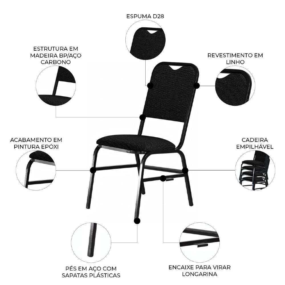 Cadeira Hoteleira Auditório Empilhável Kit 5 Letty Linho Preto Z33 - Mpozenato