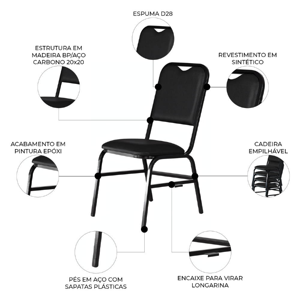 Cadeira Hoteleira Auditório Empilhável Kit 8 Letty Sintético Preto Z33 - Mpozenato