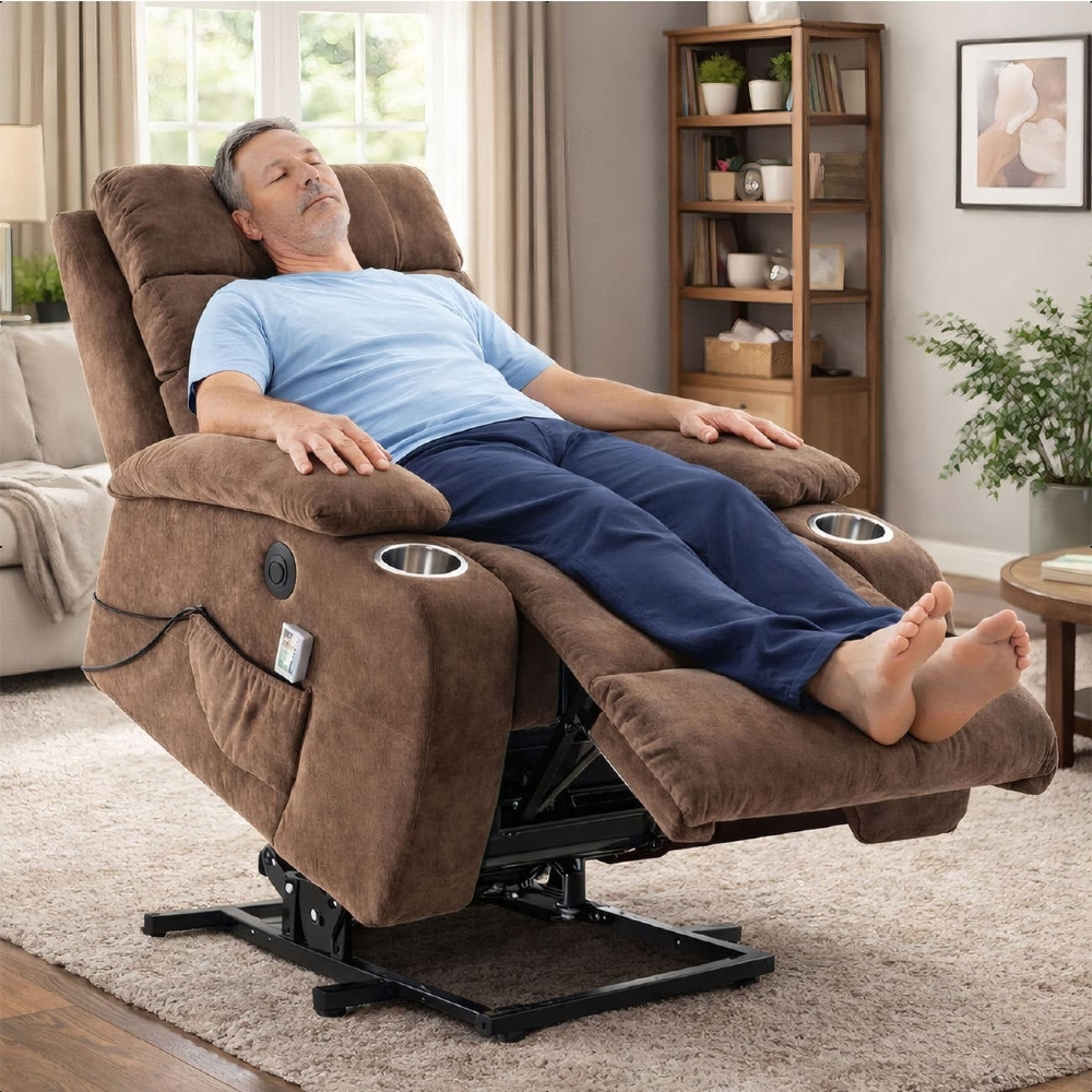 Poltrona Reclinável Elétrica Lift com Elevação Nantes Linho Soft Marrom C01 - Mpozenato