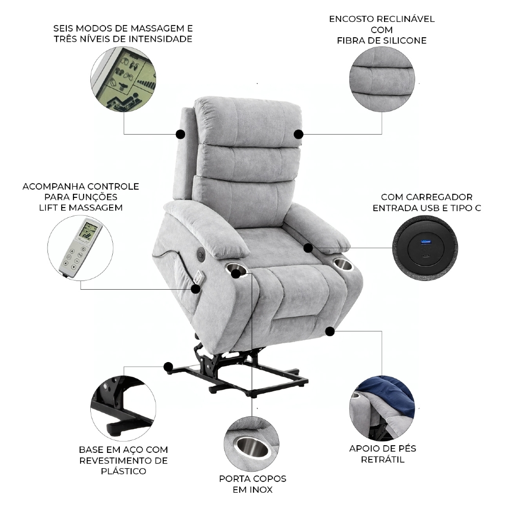 Poltrona Reclinável Elétrica Lift com Elevação Nantes Linho Soft Cinza C01 - Mpozenato