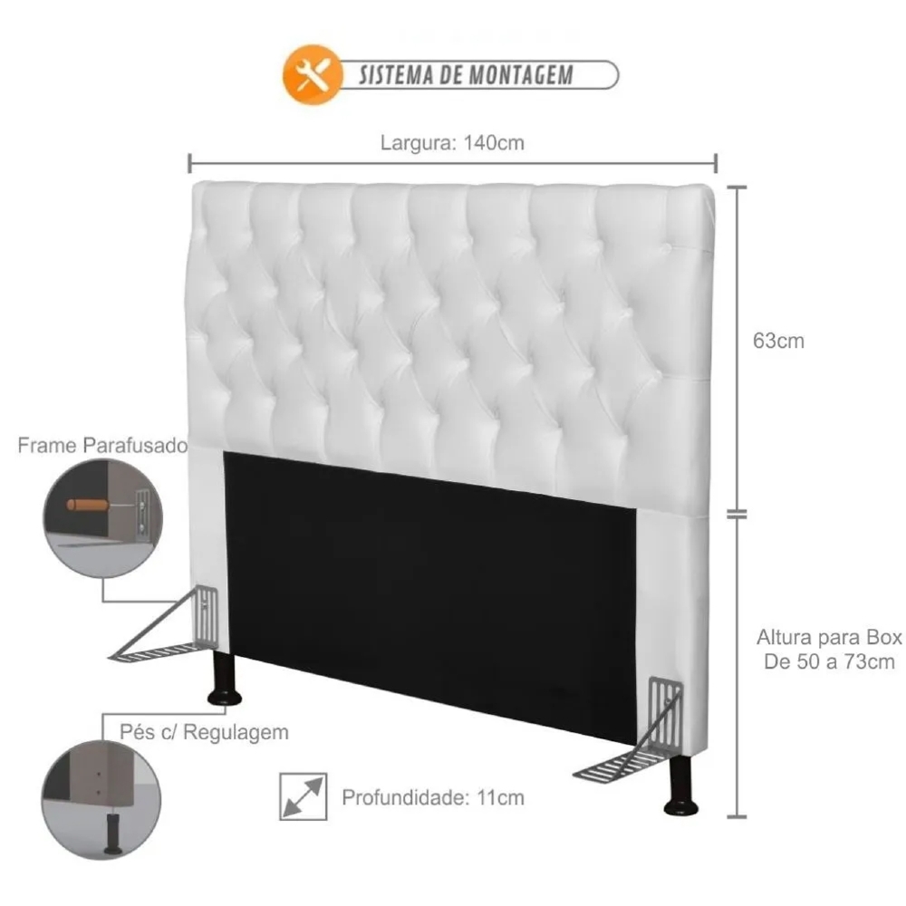 Cabeceira Cama Box Casal 140cm Cristal Sintético Branco - MV Estofados