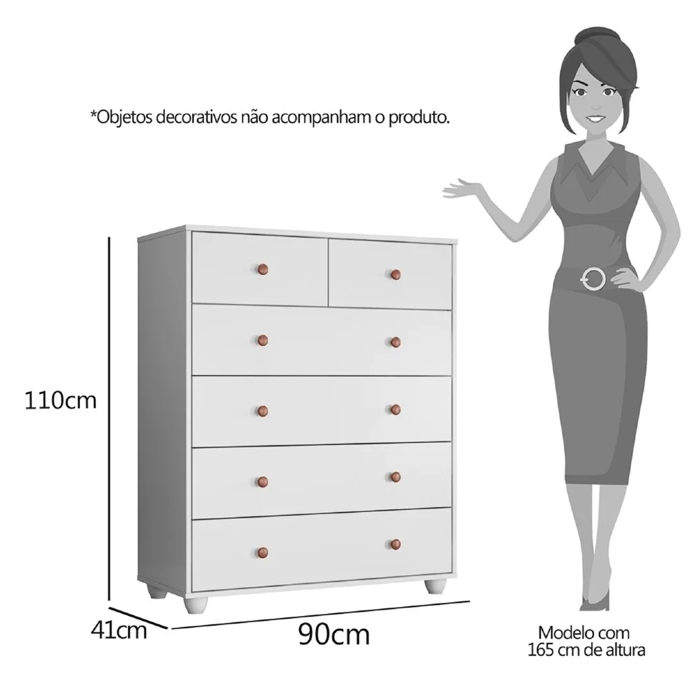 Cômoda 90cm 6 Gavetas Glória A02 Branco Fosco Liso - Mpozenato