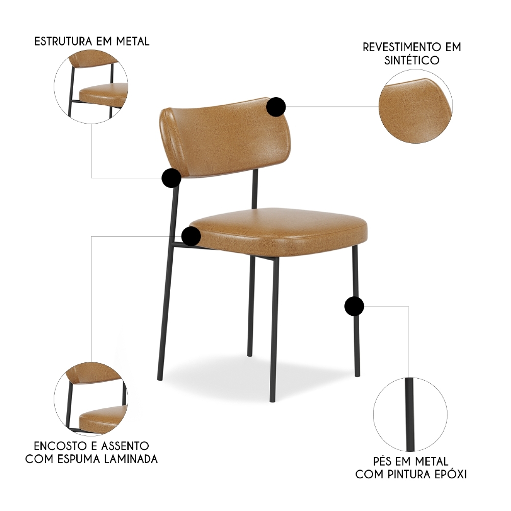 Cadeira de Jantar Estofada Kit 6 Milli A14 Sintético Caramelo - Mpozenato