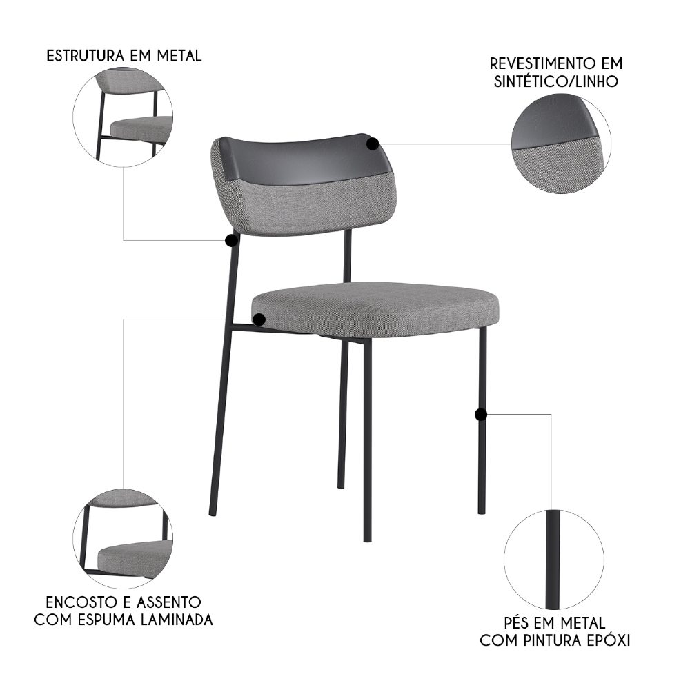 Kit 4 Cadeiras Estofadas Milli Corano/Linho A14 Preto/Cinza - Mpozenato