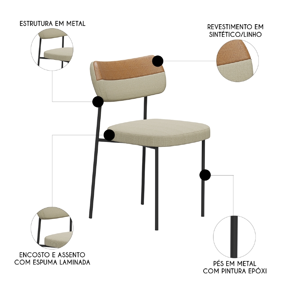 Cadeira de Jantar Estofada Kit 8 Milli A14 Linho Caramelo/Areia - Mpozenato