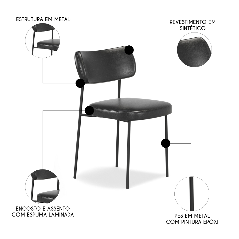 Cadeira de Jantar Estofada Kit 10 Milli A14 Sintético Preto - Mpozenato