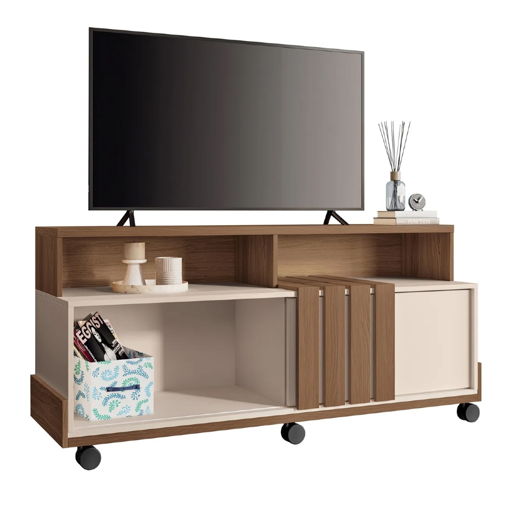 Rack Bancada de TV 50 Pol 136cm Graci Castanho/Off White - HB Móveis