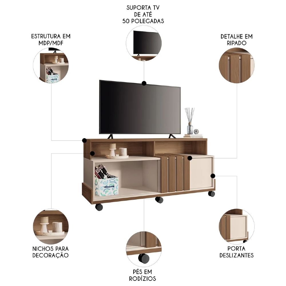 Rack Bancada de TV 50 Pol 136cm Graci Castanho/Off White - HB Móveis