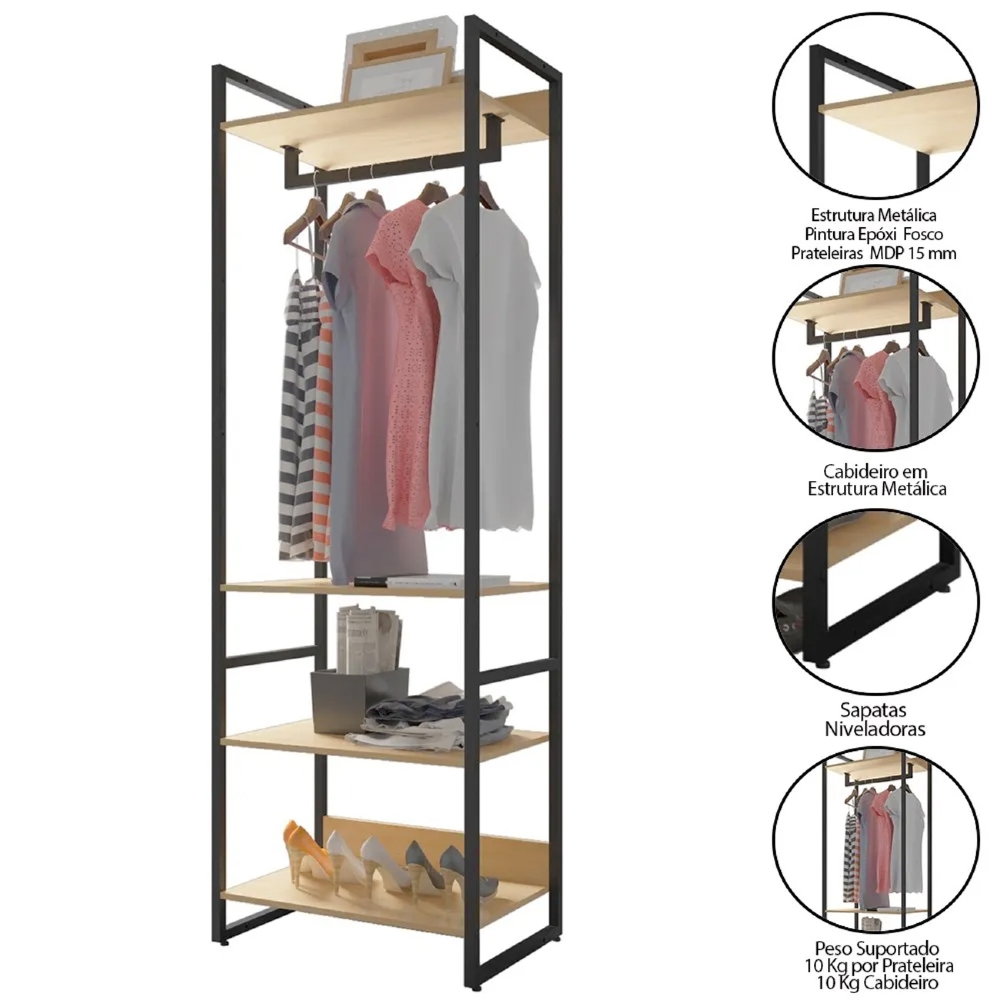 Guarda Roupa Closet 4 Prateleiras Indy F02 Nature Texturizado - Mpozenato
