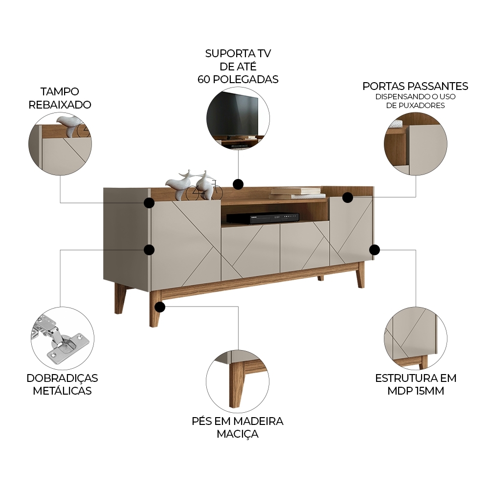 Rack Bancada TV 60 Pol 158cm Pé Madeira Margot Off/Cedro C14 - Mpozenato