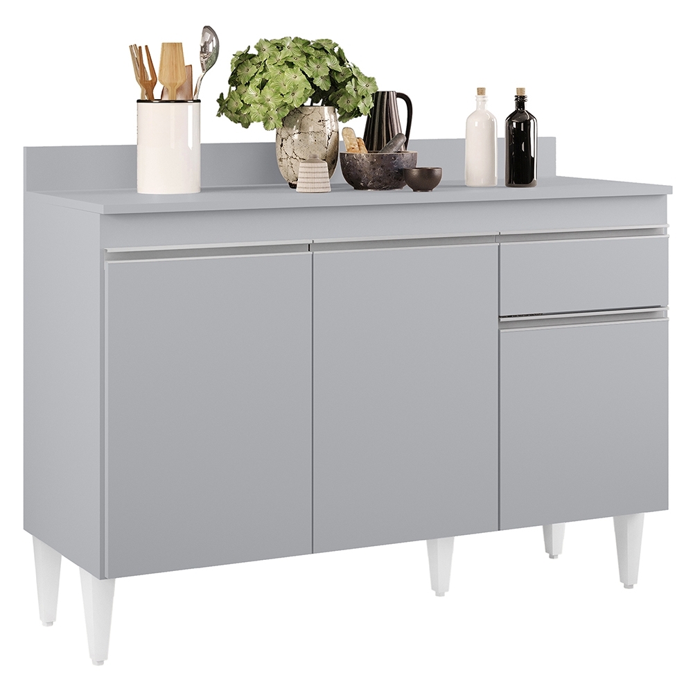 Balcão de Cozinha Com Tampo 120cm 3 Portas Arizona Cinza Claro - Lumil
