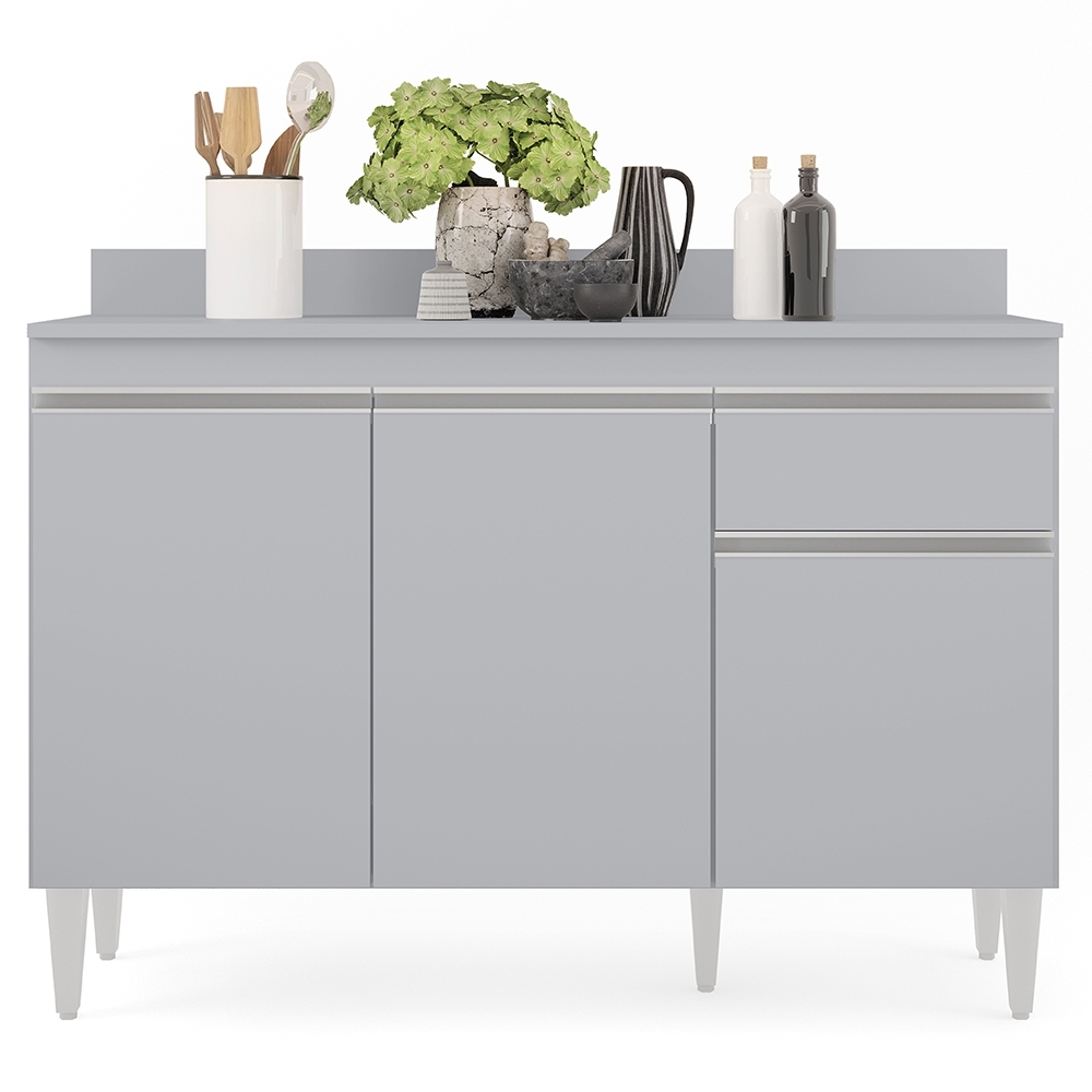 Balcão de Cozinha Com Tampo 120cm 3 Portas Arizona Cinza Claro - Lumil