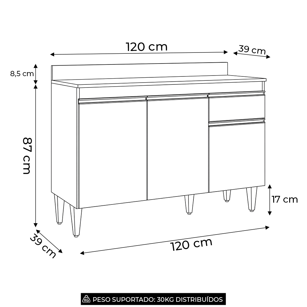 Balcão de Cozinha Com Tampo 120cm 3 Portas Arizona Cinza Claro - Lumil