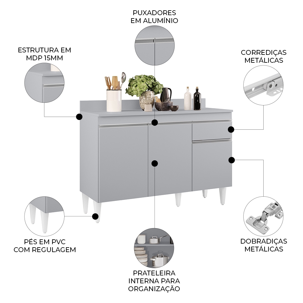 Balcão de Cozinha Com Tampo 120cm 3 Portas Arizona Cinza Claro - Lumil