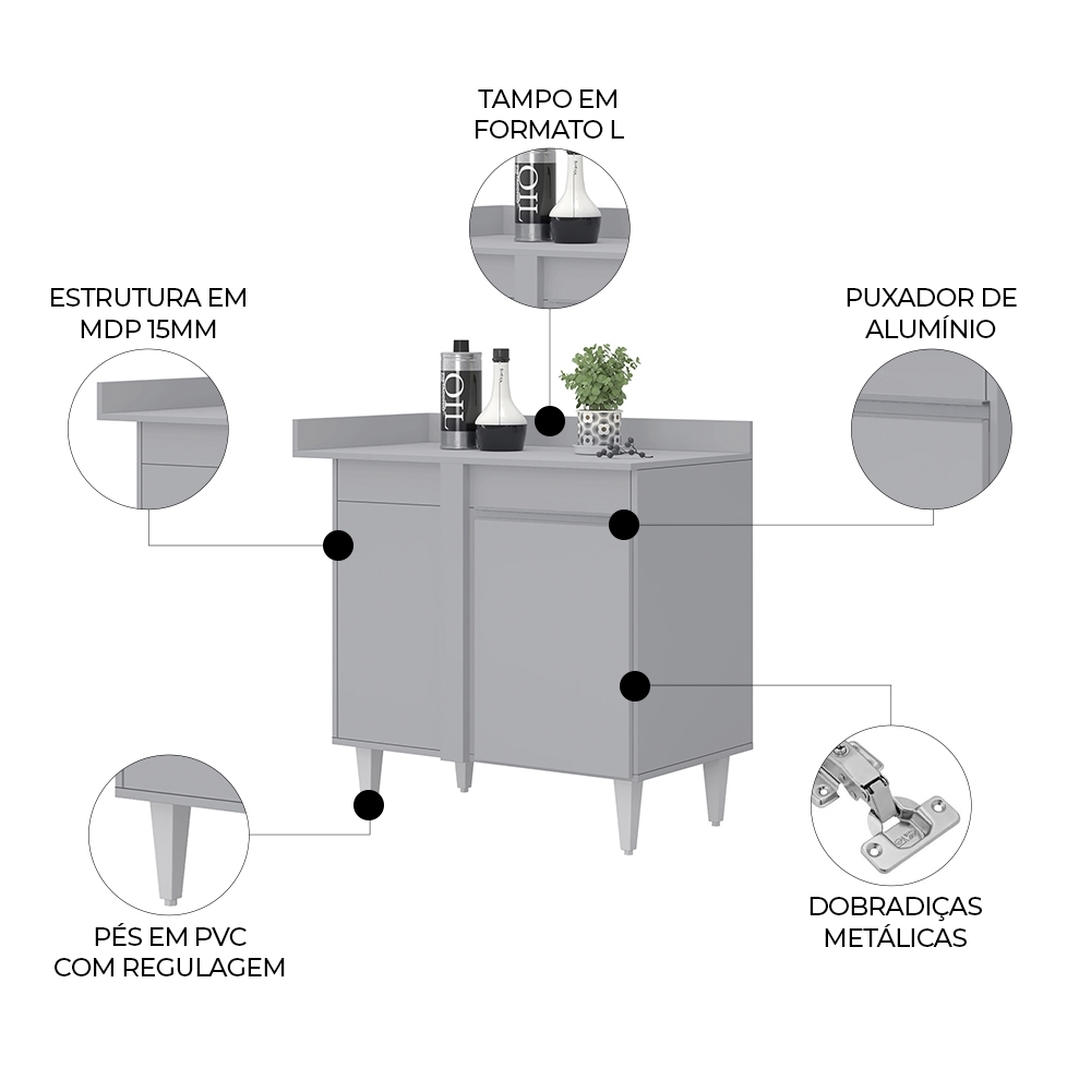Balcão de Canto Reto com Tampo 1 Porta Denver Cinza Claro - Lumil